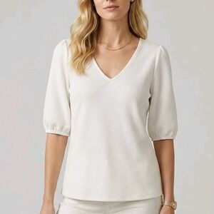 SOFT SURROUNDINGS Puff Sleeve Pique Cotton Textured Top in White Med Resort Boho